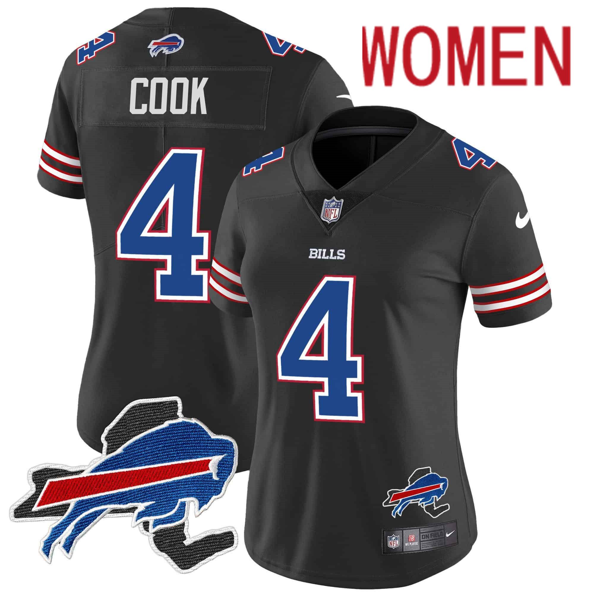 Women Buffalo Bills 4 Cook Black 2024 Nike Patch Vapor Limited NFL Jersey style 1
